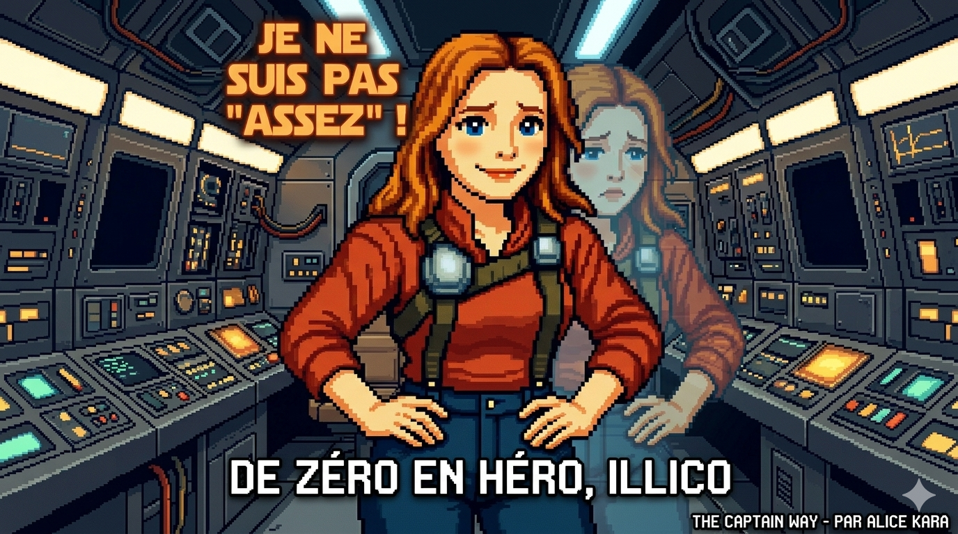 Illustration en pixel art d'Alice Kara en capitaine de vaisseau spatial, souriante en apparence mais avec un reflet triste en arrière-plan, symbolisant le sentiment de ne pas être assez.