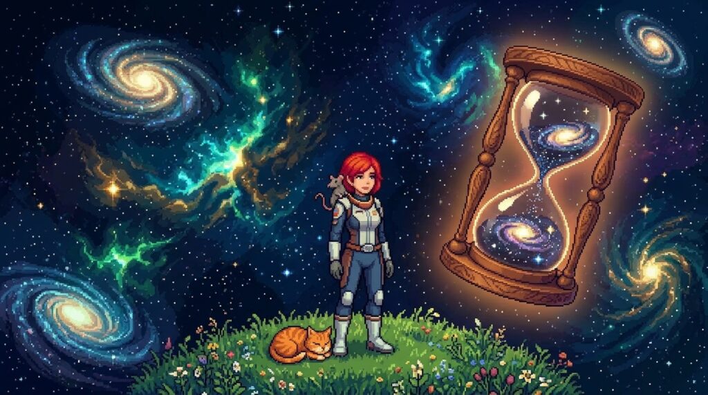 Alice Kara, sur sa planète du menfoumentape, réfléchissant aux notions de temps, d'argent en regardant l'espace